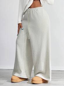 SHEIN PETITE CURVE 大码秋冬新款保暖内衬厚款休闲百搭高腰松紧腰宽松阔腿运动裤 - 灰色 - 查看 4