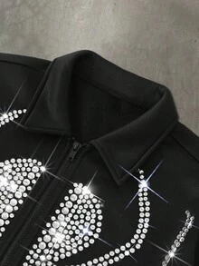 Manfinity Roghcode Herren Mode schwarze Strick Jacke mit Strass Spinnen Grafik, Kragen und Reißverschluss, Y2K Gothic Streetwear für Herbst & Winter, perfekt für Halloween & Schulanfang, ideales Geschenk für den Freund - Schwarz - Übersicht 5