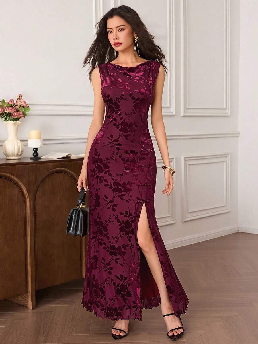 EastFlair 女式无袖花卉印花开衩连衣裙 - 酒紅色 - 查看 1