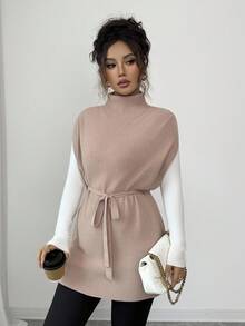 Rafferiza Autumn/Winter New High Collar Mid-Length Tie-Up Elegant Casual Knitted Sweater Dress For Women - Camel - View 3