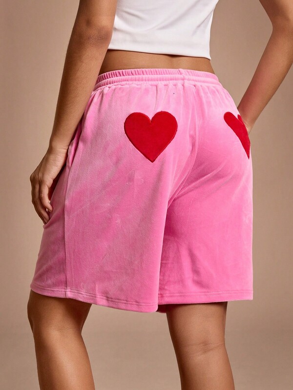 SHEIN Sports Women's Heart Embroidery Drawstring Waist Loose Shorts