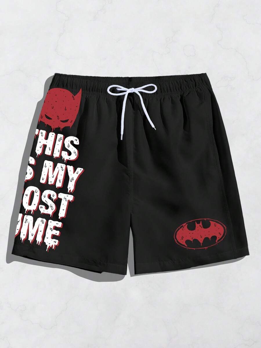 Batman X Manfinity CoralVoy Quần short đi biển cạp rút họa tiết dơi và khẩu hiệu mùa hè dành cho nam - màu đen - Xem 1