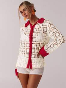 SHEIN Forever 21 休闲夏季茶会海滩度假秋冬季撞色滚边毛衣 - 紅色 - 查看 5