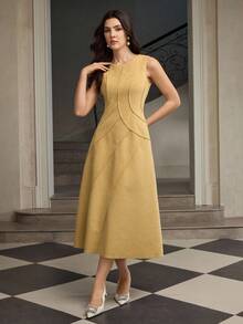 ZEYLAH Ärmellose Tweed-Maxikleid mit Rundhalsausschnitt für Damen - Gelb - Übersicht 1