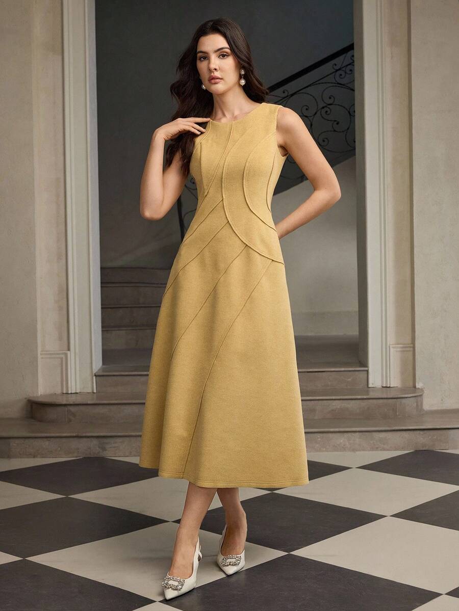 ZEYLAH Ärmellose Tweed-Maxikleid mit Rundhalsausschnitt für Damen - Gelb - Übersicht 1