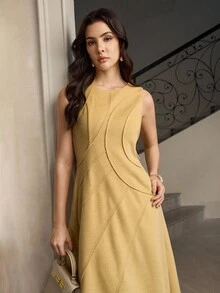 ZEYLAH Ärmellose Tweed-Maxikleid mit Rundhalsausschnitt für Damen - Gelb - Übersicht 5