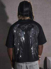 PAVTROS Manfinity Streetrush Men T-Shirts,Halloween,Halloween Party,Streetwear,Halloween,INS Rhinestone Wings Crop T-Shirt For Men, Halloween Street Style, Fall And Winter Urban Hip Hop,Rapper T-Shirt,Boy Friend Gifts. - Black - View 5