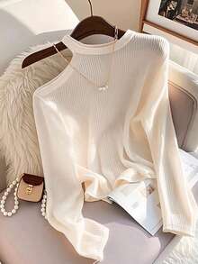 Franclia Plus Size Women's Solid Color Slim Fit Oblique Shoulder Long Sleeve T-Shirt, Ribbed Knit Top