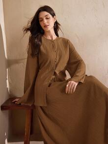 Graceveil Women's Solid Color Round Neck Loose Textured Fabric Elegant Fashion Arabic Style Set - Bronze - View 5