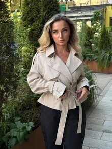 Jeta Ari Women Beige Button-Up Tie Waist Trench Coat