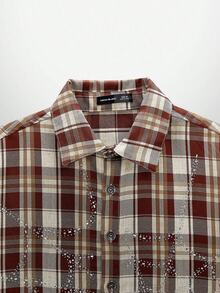 NEON BLANC Camisa de manga corta con estampado de cuadros, tela tejida y aplicaciones de cristales en forma de telaraña de araña, estilo de moda callejera para hombre, Halloween - Café integral - Ver 4