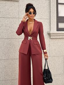 SOLERSUN Women's Elegant Single-Breasted Waist Cinched Tie Back Metal Decorated Notch Lapel Blazer Jacket And Pants Set Office Wear Women Suit Set Fall Cloth For Women - Coffee Brown - View 1