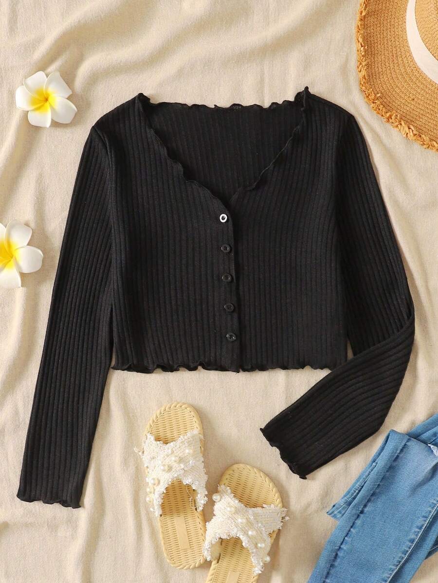 SHEIN Áo len cardigan cài nút cổ chữ V viền bèo nhún đa năng cho bé gái, Trở lại trường, Áo len đen cho bé gái, Áo đen cho trẻ em, Áo len cardigan ngắn màu đen cho bé gái, Áo đen cho bé gái vào mùa thu/đông - màu đen - Xem 1