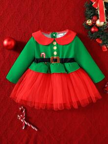 SHEIN Playful Pals Váy cổ Peter Pan in họa tiết Giáng sinh màu xanh lá cây cho bé gái, chất liệu vải tuyn bồng bềnh, dễ thương, là trang phục hàng ngày không thể thiếu cho mùa thu/đông - màu xanh lá - Xem 2