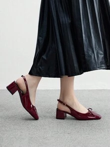 CUCCOO BIZCHIC 女士时尚勃艮第蝴蝶结后带经典低跟粗跟平底鞋，百搭日常穿着、通勤、优雅办公鞋