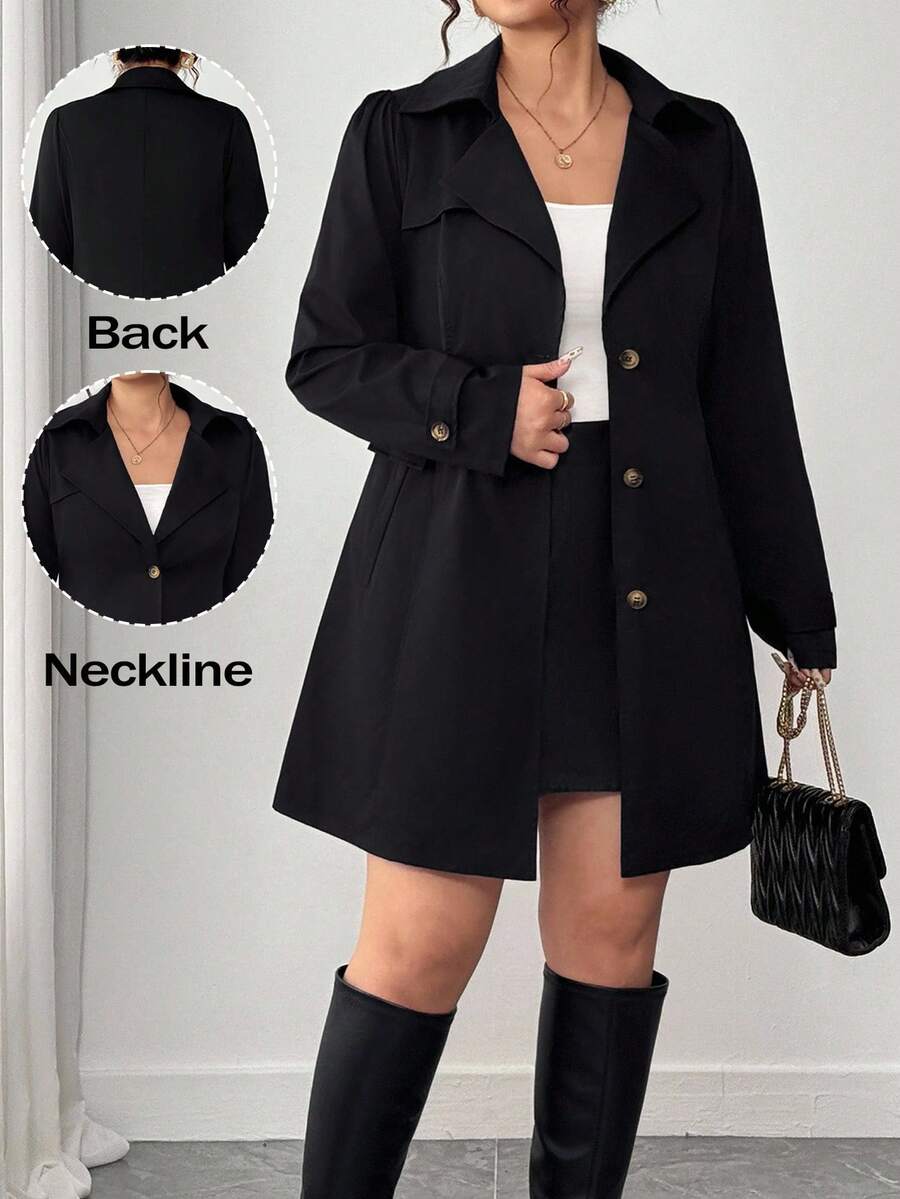 Elenzga Women's Fashion Commuter Plus Size Long Sleeve Solid Color Single-Breasted Lapel Trench Coat Winter Fall Autumn