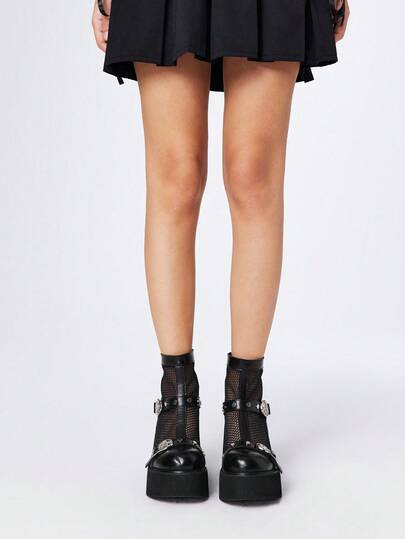 Grunge Punk Botas de tobillo de mujer de estilo gótico, con malla transpirable, para uso casual y de fiesta. Tienen detalles metálicos en forma de estrella, doble hebilla, cremallera trasera y tacón grueso. De estilo punk, color negro. Botas cortas ideales para Halloween.