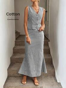 Easowa Bộ 2 món áo sơ mi không tay cổ chữ V cài nút phía trước và chân váy đuôi cá ôm sát, trang phục đi nghỉ thanh lịch, mùa xuân/hè, vải cotton dệt sọc - Đen và trắng - Xem 6