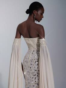 Elitara Váy dạ hội trang trọng xẻ lưng, tay loe dài, thêu kim sa màu mơ và bạc sang trọng, cổ khoét sâu, thanh lịch dành cho nữ - Màu be - Xem 3