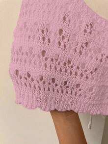 EMERY ROSE Women's Dusty Pink Solid Color Hollow Design Front Tie Sleeveless Knit Top,Summer Boho Vacation Holiday Crochet Crop Top - Baby Pink - View 7