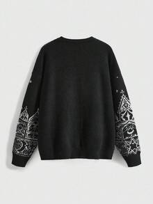 ROMWE Goth 哥特式黑暗教堂与城堡，月亮与星星提花套头衫，适合万圣节 - 黑色 - 查看 2