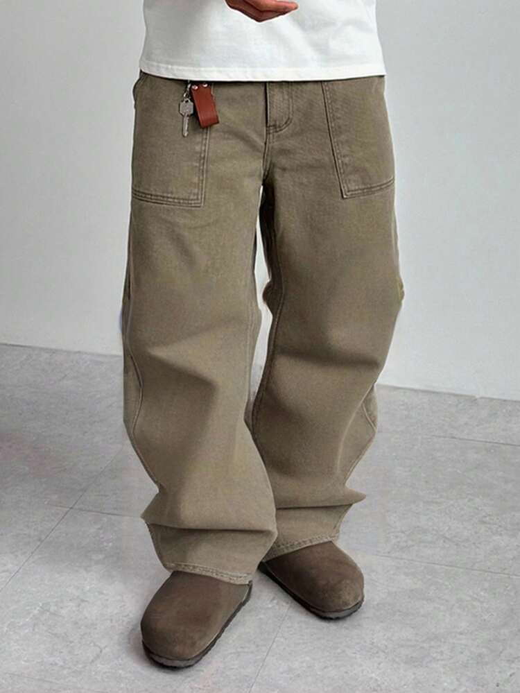 Men's Solid Khaki Denim Jeans, Autumn