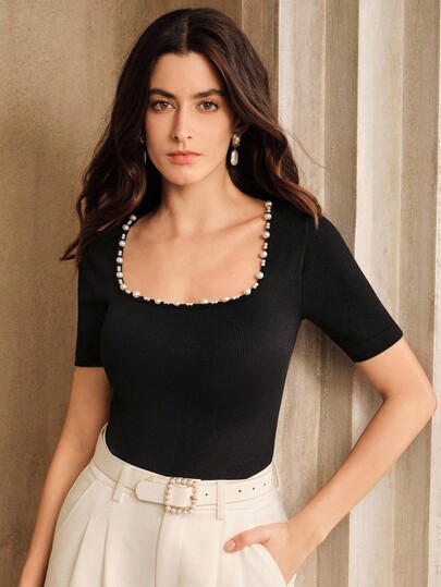 Anewsta Nueva camiseta de cuello redondo con ajuste sin costuras y adornada con rhinestones de moda