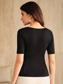 Anewsta New Fashionable Seamless Fitted Rhinestone Embellished Crew Neck T-Shirt