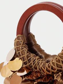 SHECARRY Túi Tote Tay Cầm Bằng Gỗ Đính Hạt Phong Cách Bohemian Thời Trang Cho Nữ - màu nâu - Xem 5