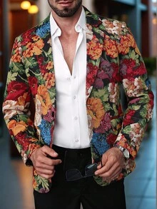 Manfinity AFTRDRK 男士花卉提花翻领长袖西装外套和裤子休闲套装花卉西装男士男士西装外套和裤子花卉男士西装男士派对装晚宴装男士 - 彩色 - 查看 5