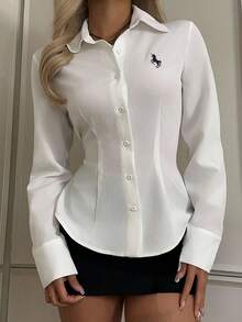 SHEIN EZwear Áo kiểu nữ tay dài hở lưng, thắt eo, họa tiết thêu kỳ lân gợi cảm, thích hợp cho mùa thu/đông, sang trọng, thích hợp cho các buổi hẹn hò, thích hợp cho các buổi đi chơi - trắng - Xem 5