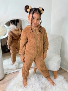 万圣节小女孩可爱熊连帽连体裤，保暖内衬，休闲家居服和外套，时尚可爱，秋冬