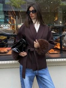 Aloruh 时尚毛绒袖口咖啡色大衣，秋冬