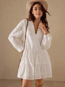 Wildy Vestido corto casual de mujer con mangas farol, cuello en V, dobladillo con volantes, bordado y estampado tie-dye, estilo vacacional