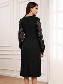 Miaspire 女士优雅亮片刺绣连衣裙，适合秋冬季优雅派对场合 - 黑色 - 查看 2