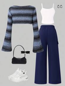 Sparklyn 3 件套青少年女孩休闲街头风格格子短款针织喇叭袖罩衫、纯色吊带背心和实用口袋工装裤套装 - 藍色 - 查看 2