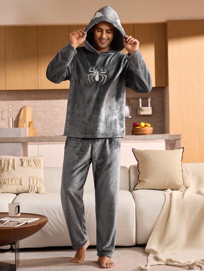 Conjunto de ropa de estar en casa con estampado minimalista, compuesto por top con capucha y pantalones, ropa de otoño e invierno, esponjoso