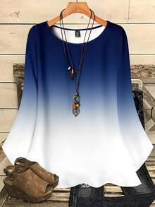 Mellowie 大码女式全身印花宽松圆领 3/4 袖休闲衬衫，秋冬 - 藍色 - 查看 1