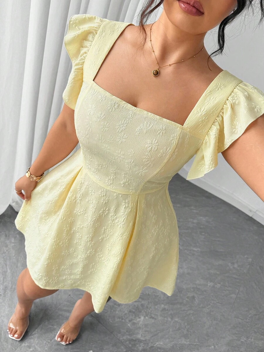 Elenzga Elegant Jacquard Ruffle Hem Dress In Light Yellow Centella