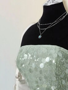 SHEIN ICON Váy khiêu vũ dự tiệc cá nhân phong cách thiên niên kỷ Y2K đơn giản cổ điển lớn đính sequin thời trang hiện đại dành cho nữ Áo ống ôm sát Chân váy ngắn cạp thấp hông Bộ đồ màu xanh lá cây - màu xanh lá - Xem 9