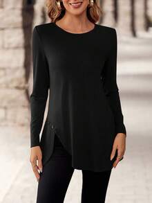 EMERY ROSE 简约纯色休闲圆领长袖女式T恤 - 黑色 - 查看 6