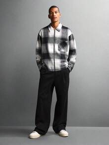 SUMWON 经典水牛格纹羊毛混纺夹克，前拉链闭合，大格子图案，温暖冬季休闲外套 - 黑與白 - 查看 6