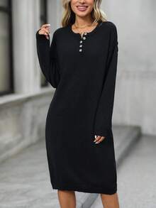 EMERY ROSE 女士休闲纯色针织连衣裙，百搭秋冬 - 黑色 - 查看 4