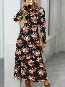 EMERY ROSE All-Over Print Casual Long Sleeve Waist Cinched Women Long Dress - Multicolor - View 5
