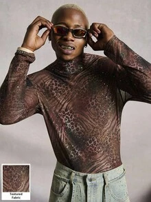 PAVTROS Manfinity Streetrush Men's Digital Mesh Leopard Print Sequin Decor Turtleneck Long Sleeve T-Shirt, Casual & Streetwear,Halloween,INS Leopard Print Sheer Top For Men, Halloween Street Style, Fall And Winter Urban Fashion,Rapper T-Shirt,Boy Friend Gifts. See Through Leopard Print Top, Christmas