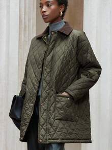 Aveloria Modichic 秋冬新款法式欧式中长款菱形绗缝灯芯绒撞色块轻薄复古美式军绿色棉服外套 - 軍綠色 - 查看 5