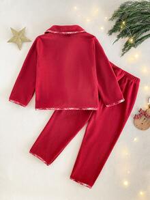 SHEIN Vintaside Kids 女童 2 件組紅色睡衣套裝，可愛鹿圖案刺繡開襟上衣與純色長褲，舒適秋季夜晚度假穿搭，冬季嘉年華服飾 - 紅色 - 查看 2