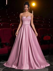 Glamrae 优雅的莲藕粉色光泽缎面露肩领口亮片拼布鱼骨带串珠刺绣超大 A 字裙，配有可调节领带，适合约会、度假、单身、生日、成人仪式、派对、舞会、婚礼、毕业典礼、正式晚会 - 藕粉色 - 查看 2