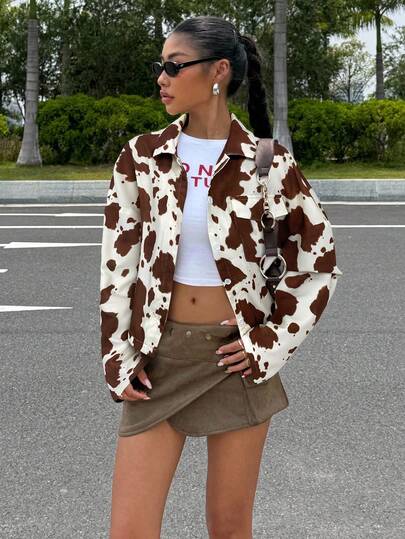 SHEIN EZwear 棕色复古休闲短款女式夹克，百搭外套，牛仔/西部风情，Y2K 2000 年代街头风格，垃圾摇滚和朋克时尚