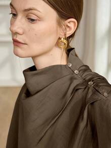 Dazy-Less 女士宽松雪纺衬衫休闲商务办公装长袖披肩领适合春夏秋季 - 巧克力棕 - 查看 5